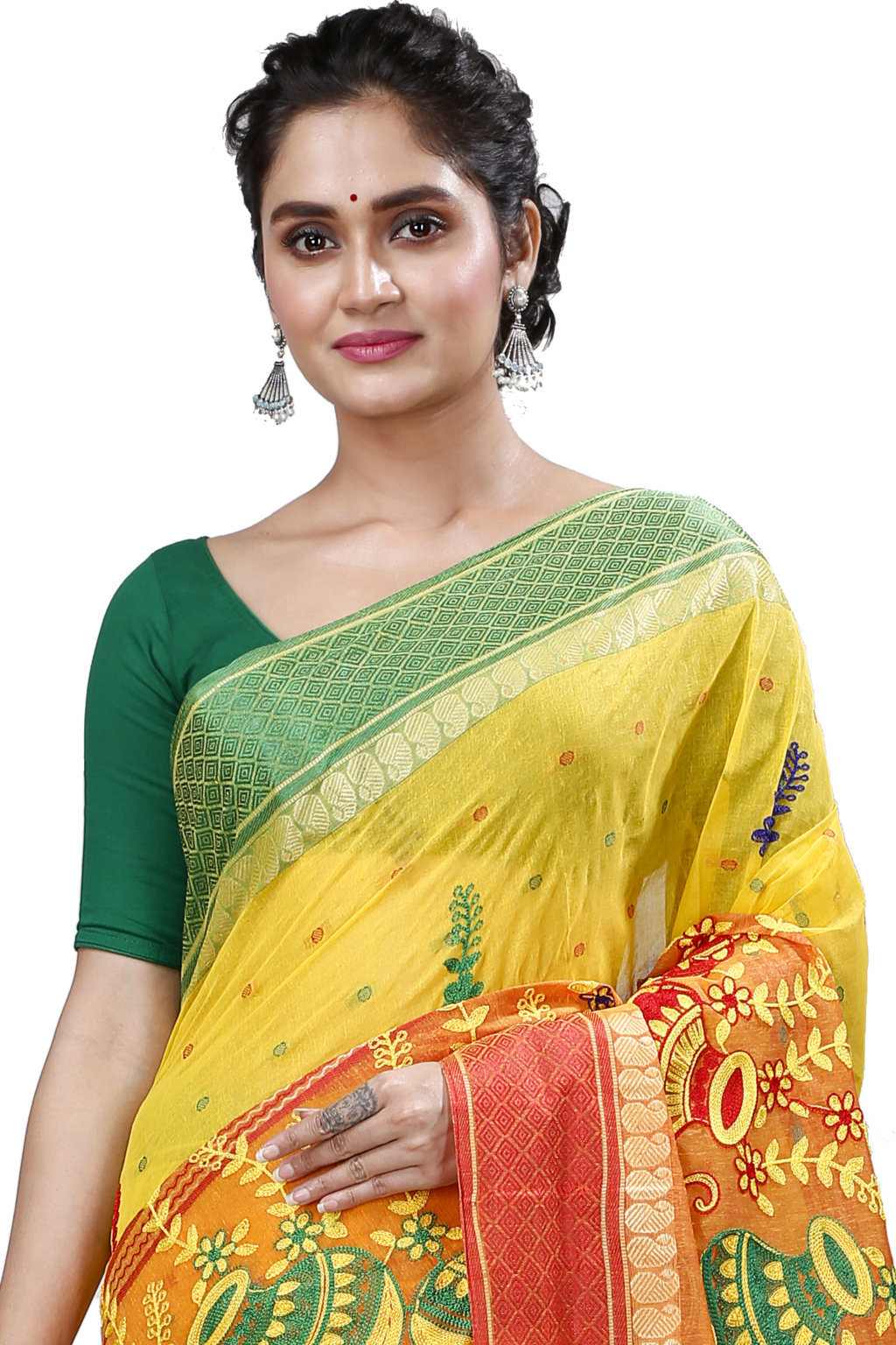 Yellow Red Pure Cotton Embi_Ganga_Buti Tant Embroidery (1001)